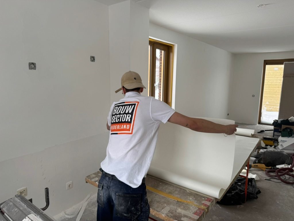 Vakman van Bouwsector Nederland brengt een baan vlies aan op een wand in een nieuwbouwwoning